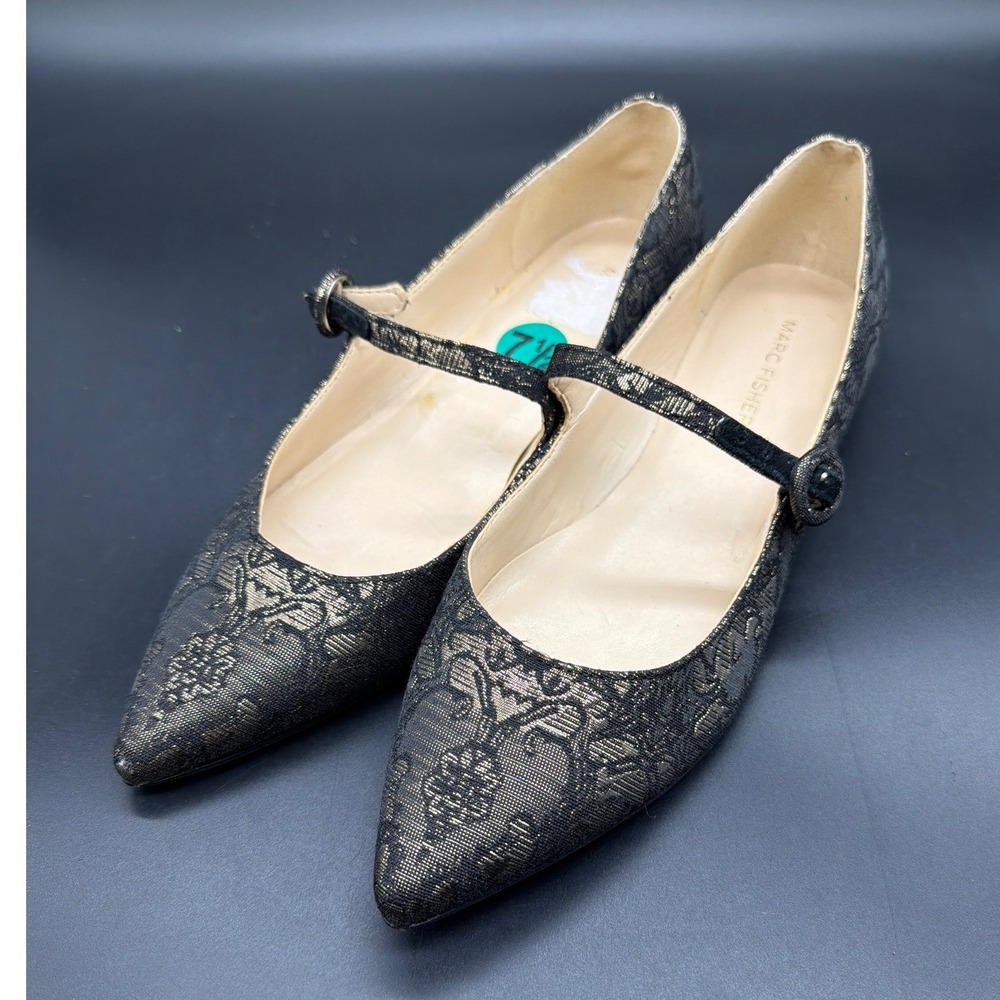 Marc Fisher Womens‎ 7.5M Black Gold Metallic Brocade Pointed Toe Mary Jane Flats